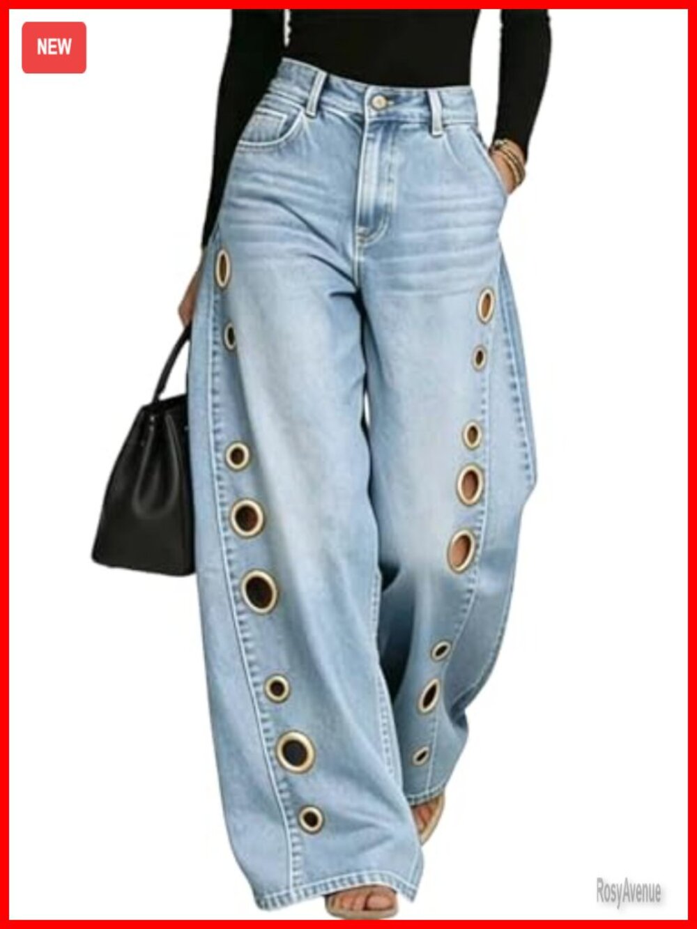High Waisted Wide Leg Grommet Eyelet Cut Out Jeans Y2K Streetwear